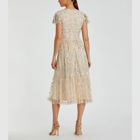 Mac Duggal 35104 Womens Nude Floral Embroidered V-Neck Cap Sleeve Midi Dress - Picture 5 of 14